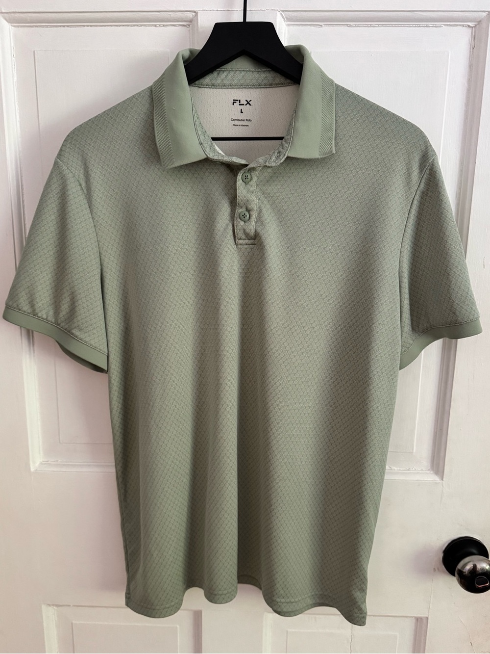 FLX Men’s Commuter Polo Shirt Sage Green Geometric Pattern Large